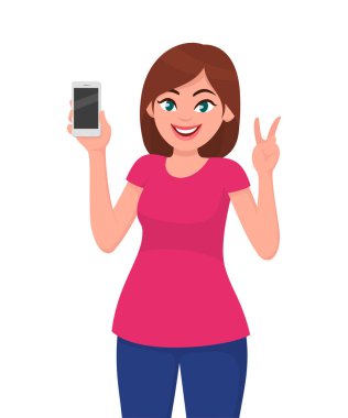 Smartphone ve zafer veya v giriş gösteren şirin genç kadın. Vektör çizim karikatür tarzı.