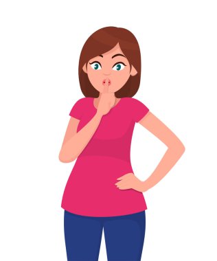 Sessizlik soran genç kadın. Sessiz olun lütfen! Sessiz ol. Shh! vektör çizim karikatür tarzı.