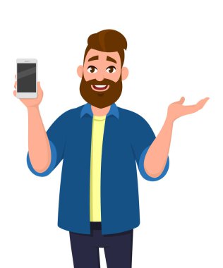 Bir şey göstermek için alanı kopyalamak için smartphone gösterme ile el hareketi mutlu genç adam. Cep telefonu teknoloji kavramı. Vektör çizim karikatür tarzı.