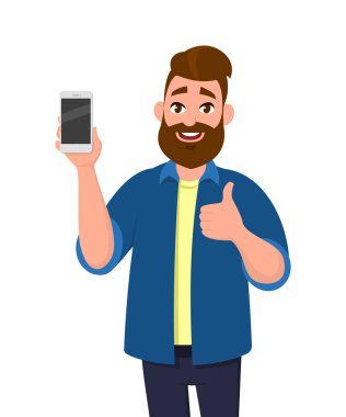 Smartphone gösterme ile başparmak yukarı veya işareti gibi mutlu genç adam. Cep telefonu teknoloji kavramı. Vektör çizim karikatür tarzı.