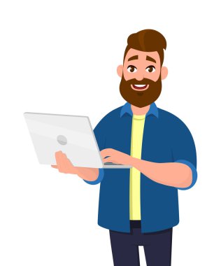 Holding/dizüstü bilgisayar (Pc) kullanan başarılı genç adam. Dizüstü bilgisayar teknoloji kavramı vektör çizim tarzı.