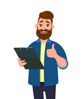 Bir pano tutarak ve başparmak yukarı veya işareti gibi gösterilen dostum. Vektör çizim karikatür tarzı.