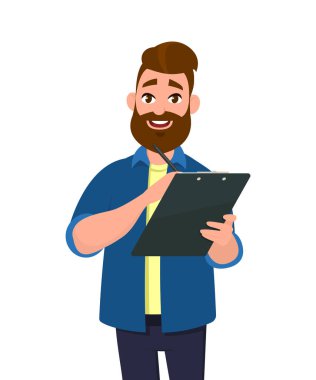 Bir pano holding ve yazım kalemi ile bir adam. Vektör çizim karikatür tarzı.