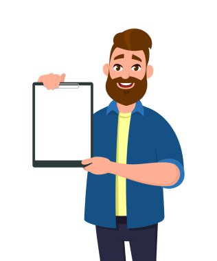 Holding/boş Pano eller tarafından gösteren adam. Vektör çizim karikatür tarzı.