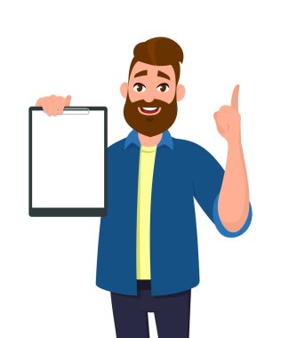 Holding/boş Pano gösterme ve işaret parmağı ile işaret eden oktan yukarı dostum. Vektör çizim karikatür tarzı.