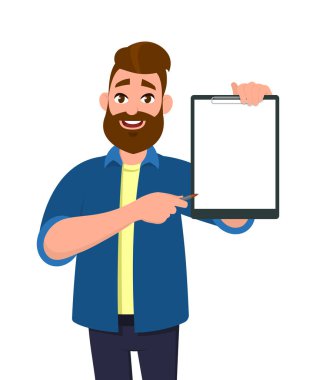 Holding/boş Pano gösterme ve kalemle göstererek adam. Vektör çizim karikatür tarzı.