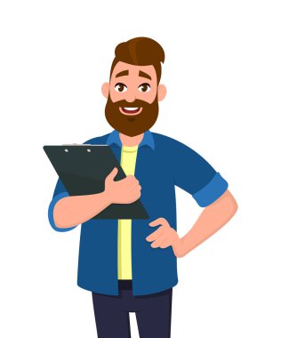 Bir pano tutan adam. Vektör çizim karikatür tarzı.
