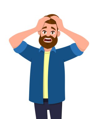 Mutsuz genç adam ellerini kafasına sıkma. Duygu ve beden dili kavramı. Stres, gerginlik ve migren kavramı vektör çizim tarzı.
