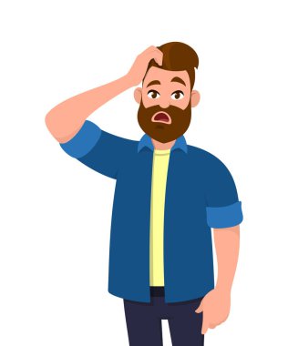 Karışık genç adam başını tırmalamak. Duygu ve beden dili kavramı. Vektör çizim karikatür tarzı.