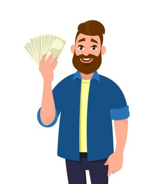 Nakit/para/banknot tutan mutlu genç adam. Finansal para kavramı. Vektör çizim karikatür tarzı.