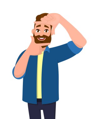 Çerçeve elleriyle hale genç adam onun parmaklarıyla odaklanarak. Adam sana odaklanarak. Parmak çerçeve el hareketi ve içinden arıyor. Çerçeve veya odak konsept illüstrasyon karikatür tarzı.