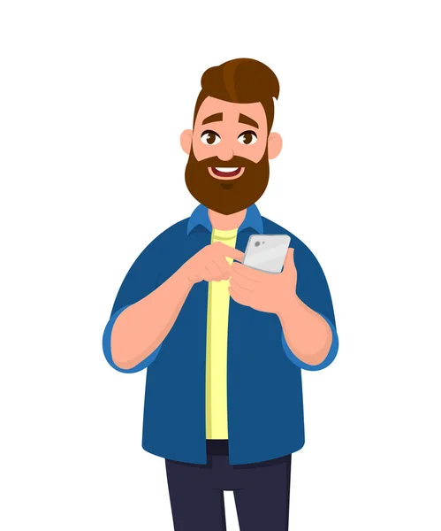 Genç tutan veya smartphone kullanarak adam. Cep telefonu konsepti. Vektör çizim karikatür tarzı.