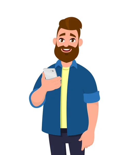 Genç adam holding smartphone. Cep telefonu konsepti. Vektör çizim karikatür tarzı.