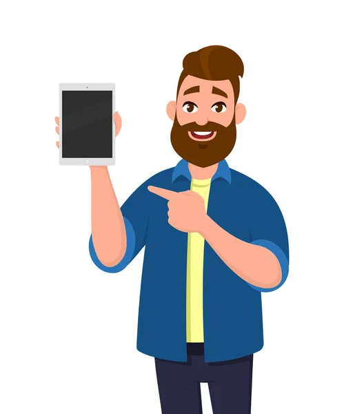 Homem Mostrando Computador Tablet Digital Apontando Para Isso Tablet Ilustração —  Vetores de Stock
