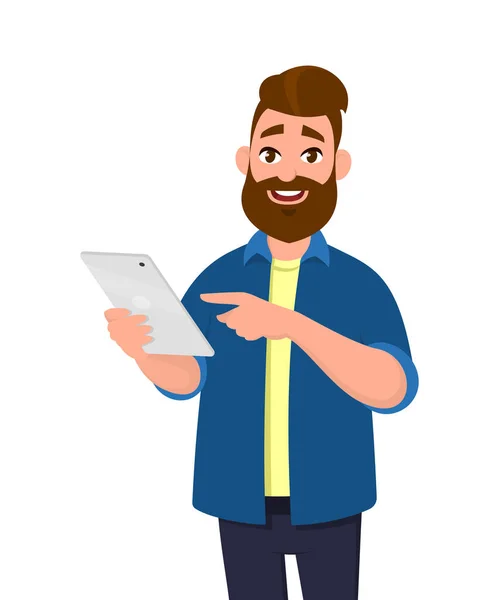 Holding ve dijital tablet bilgisayar kullanarak dostum. Tablet bilgisayar konsept illüstrasyon. Vektör çizim karikatür tarzı.