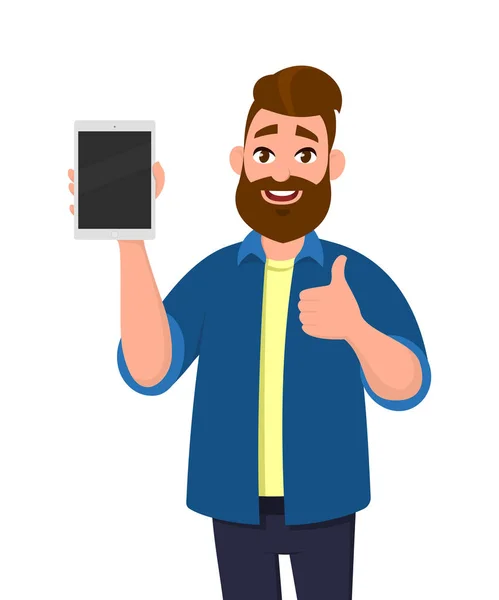 Mutlu ve başarılı bir adam gösteren tablet bilgisayar ve başparmak yukarı veya işareti gibi. Vektör çizim karikatür tarzı.