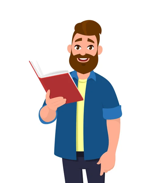 Holding/bir kitap okuma ve gülümseyen genç adam. Vektör çizim karikatür tarzı.