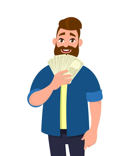 Joven Feliz Sosteniendo Efectivo Dinero Billetes Concepto Dinero Financiero Ilustración — Archivo Imágenes Vectoriales