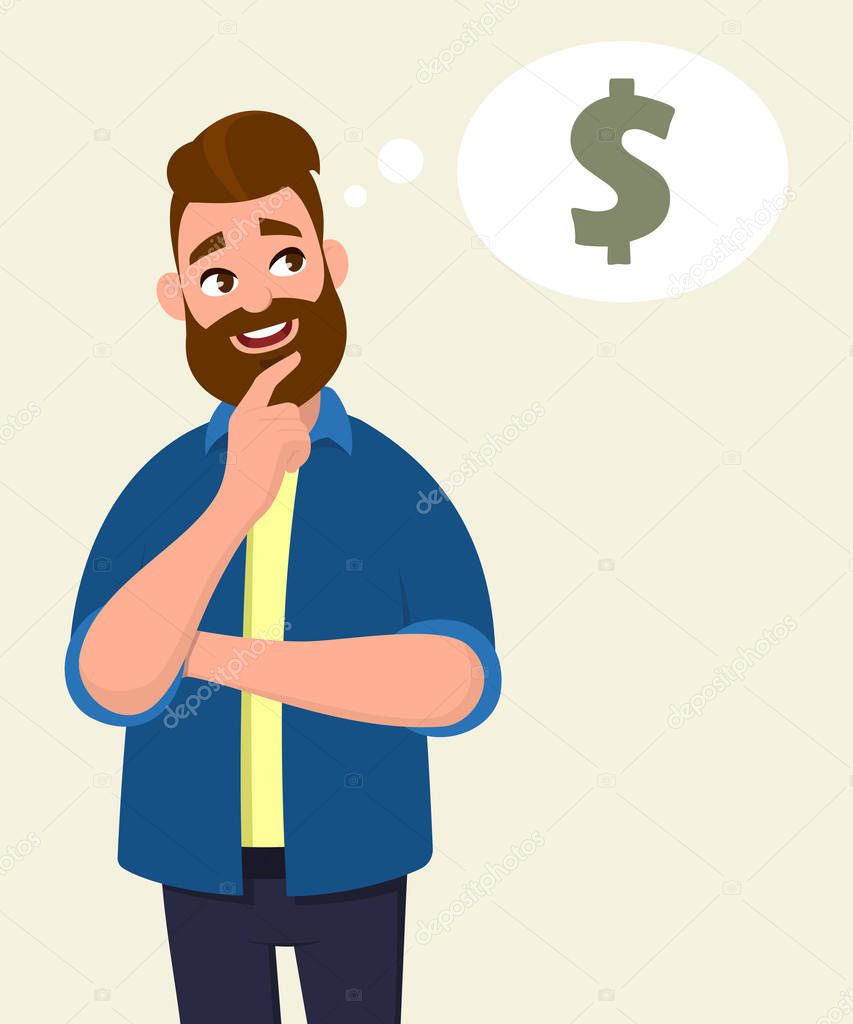 Man thinking for dollar icon or symbol with smile. Money concept in thought bubble. Vector illustration in cartoon style.