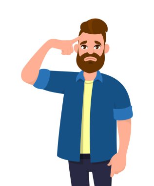 Genç adam başını iki elin parmakları ile dokunarak bir baş ağrısı ile yorgun görünüyor. Adam duygu kötü acı. Duygu ve beden dili kavramı karikatür tarzı vektör.