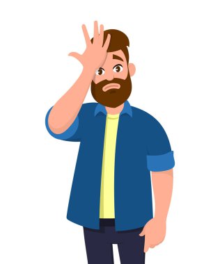 Young man surprised with hand on head for mistake, remember error. Forgot, bad memory. Emotion and body language concept in cartoon style vector illustration. clipart
