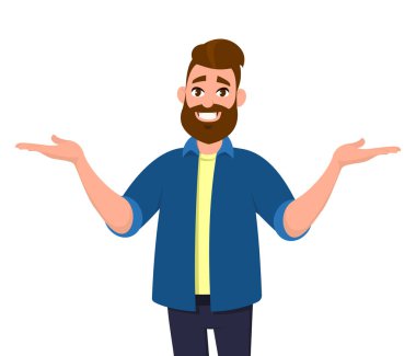 Genç adam ellerini yanlara yayılıyor. Uzağa işaret ve gösterilen ya da bir şey sunan adam. Adam işaret kopya alanı. Uzak duran ve gülümseyen işaret eden yakışıklı genç.