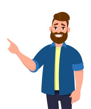 Genç adam uzağa işaret ve gösterilen ya da bir şey ayakta ve gülümseyen sunulması. Adam işaret kopya alanı. Duygu ve beden dili kavramı karikatür tarzı illüstrasyon vektör.