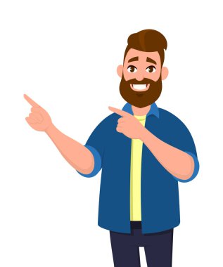 Genç adam uzakta eller birlikte gösteren ve gösterilen veya süre ayakta ve gülümseyen bir şey sunmak. Adam işaret kopya alanı. Duygu ve beden dili kavramı karikatür tarzı illüstrasyon vektör.