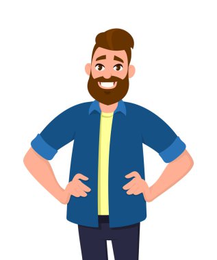 Yakışıklı zeki adam tutmak ile poz kalçalarına eller. Duygu ve beden dili kavramı karikatür tarzı illüstrasyon vektör.