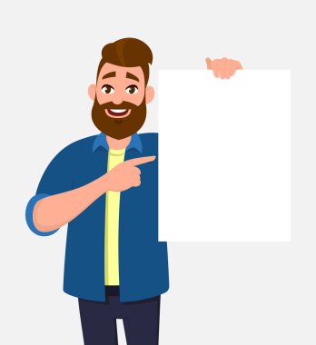 Mutlu genç adam holding/gösterme/görüntüleme beyaz boş tahta/afiş/poster ve işaret parmağı bu doğru. Konsept illüstrasyon vektör çizgi film tarzı.