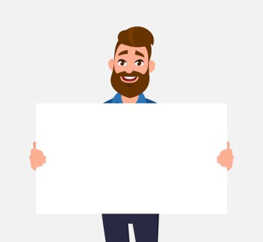 Mutlu genç holding/gösterme/görüntüleme beyaz boş tahta/afiş/poster adam. Konsept illüstrasyon vektör çizgi film tarzı.