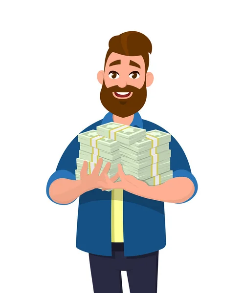 Young Man Holding Bundles Cash Money Currency Notes Hands Successful — Stock Vector