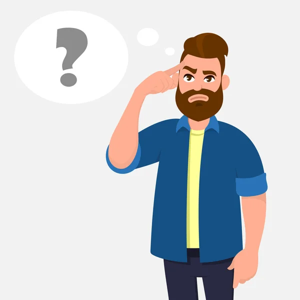 Onun tapınaklar çok dokunaklı ve sorgulama adam. Dostum holding parmak kafa ve düşünce balonu soru işareti görünen önemli bilgiler hatırlıyorum. Düşünme ve soru konsept illüstrasyon.