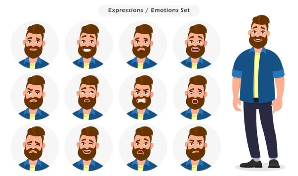 套男性面部不同的表情 Emoji 表情性格 情绪各异 矢量卡通风格中的情感与肢体语言概念阐释 — 图库矢量图片