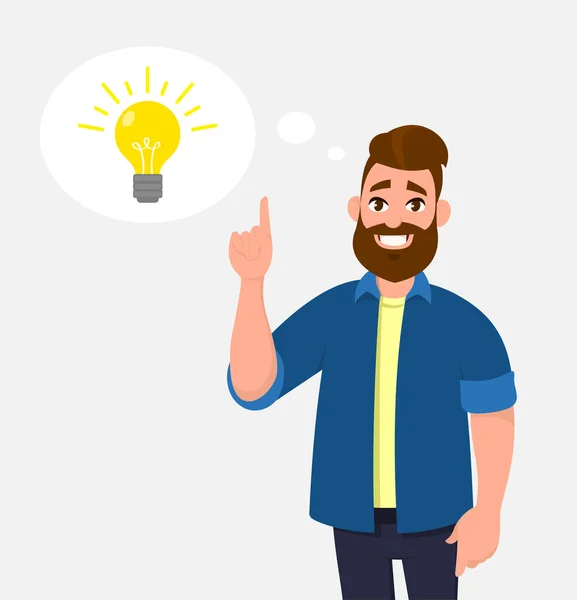 Joyful Young Man Pointing Index Finger Thought Bubble Bulb Brightening — Stock Vector