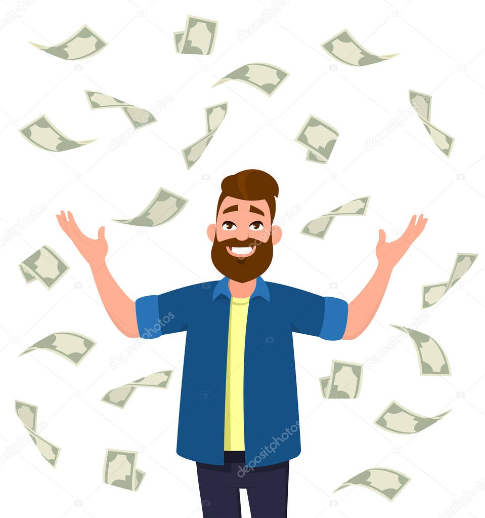 Cash/money/currency bills falling around young man.  Falling money  successful finance and business concept illustration in vector cartoon style.