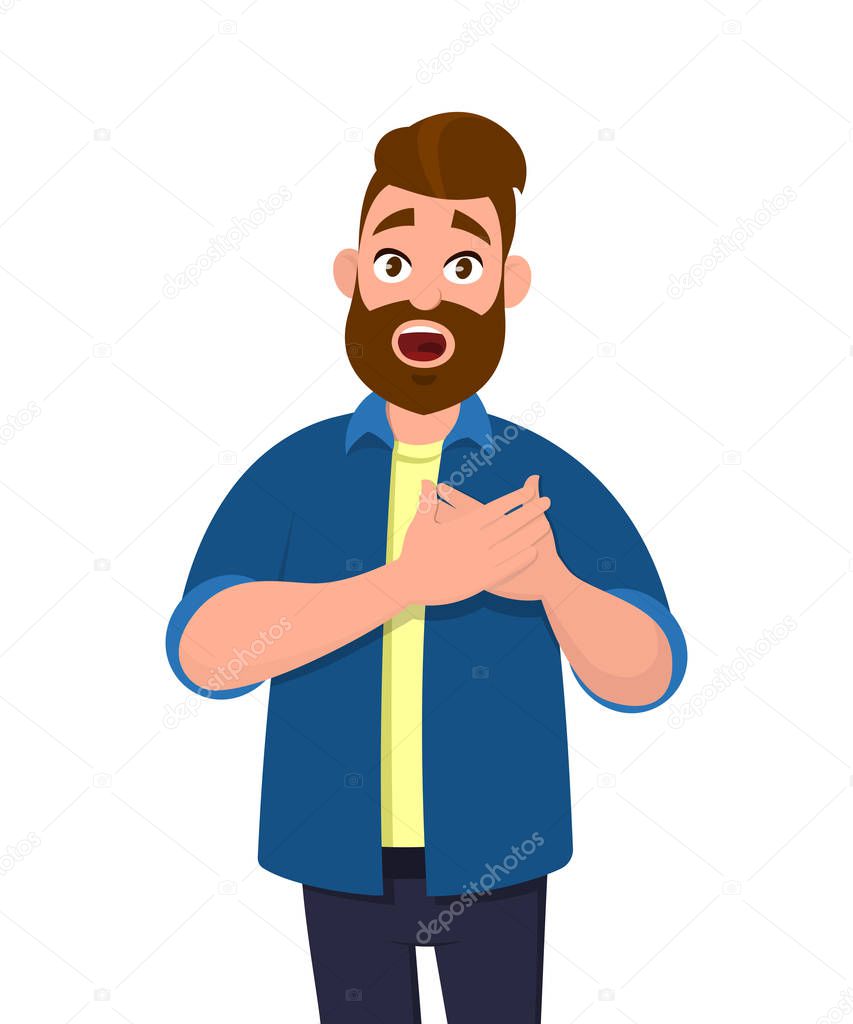 Young  man keeping hands on chest. Man suffering from chest pain or heart attack. Health care concept. Emotion and body language concept in cartoon style vector illustration.