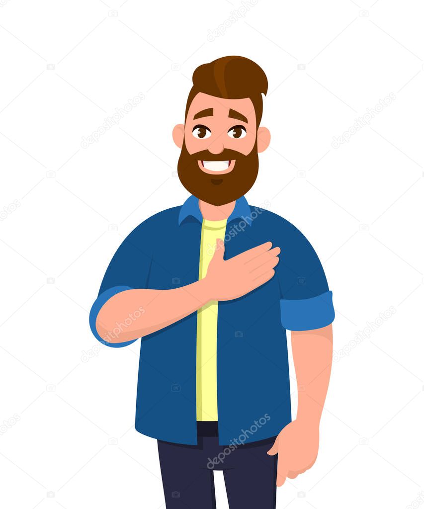 Young  man keeping hands on chest. Smiling friendly bearded man expressing gratitude. Emotion and body language concept in cartoon style vector illustration.