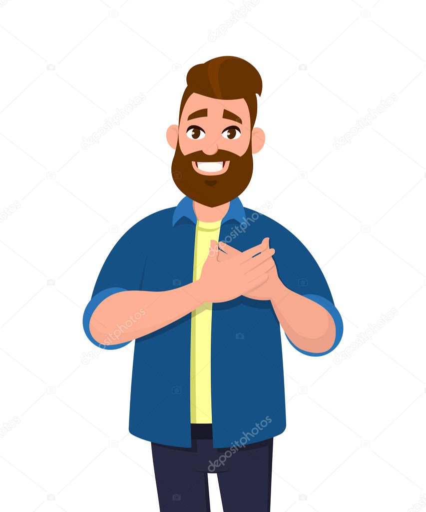 Young  man keeping hands on chest. Smiling friendly bearded man expressing gratitude. Emotion and body language concept in cartoon style vector illustration.