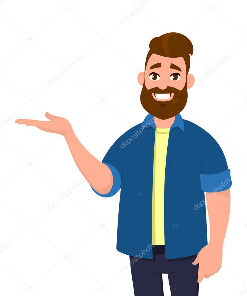 Young Man pointing away and showing or presenting something while standing and smiling. Man pointing copy space. Emotion and body language concept in cartoon style vector illustration.