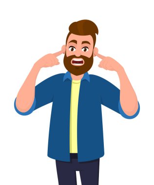 Yüksek bir ses ya da müzik duran beyaz arka planda izole gürültü rahatsız ifade ile parmaklarını kulaklarıyla kapsayan bir adam. . Konsept illüstrasyon vektör çizgi film tarzı.