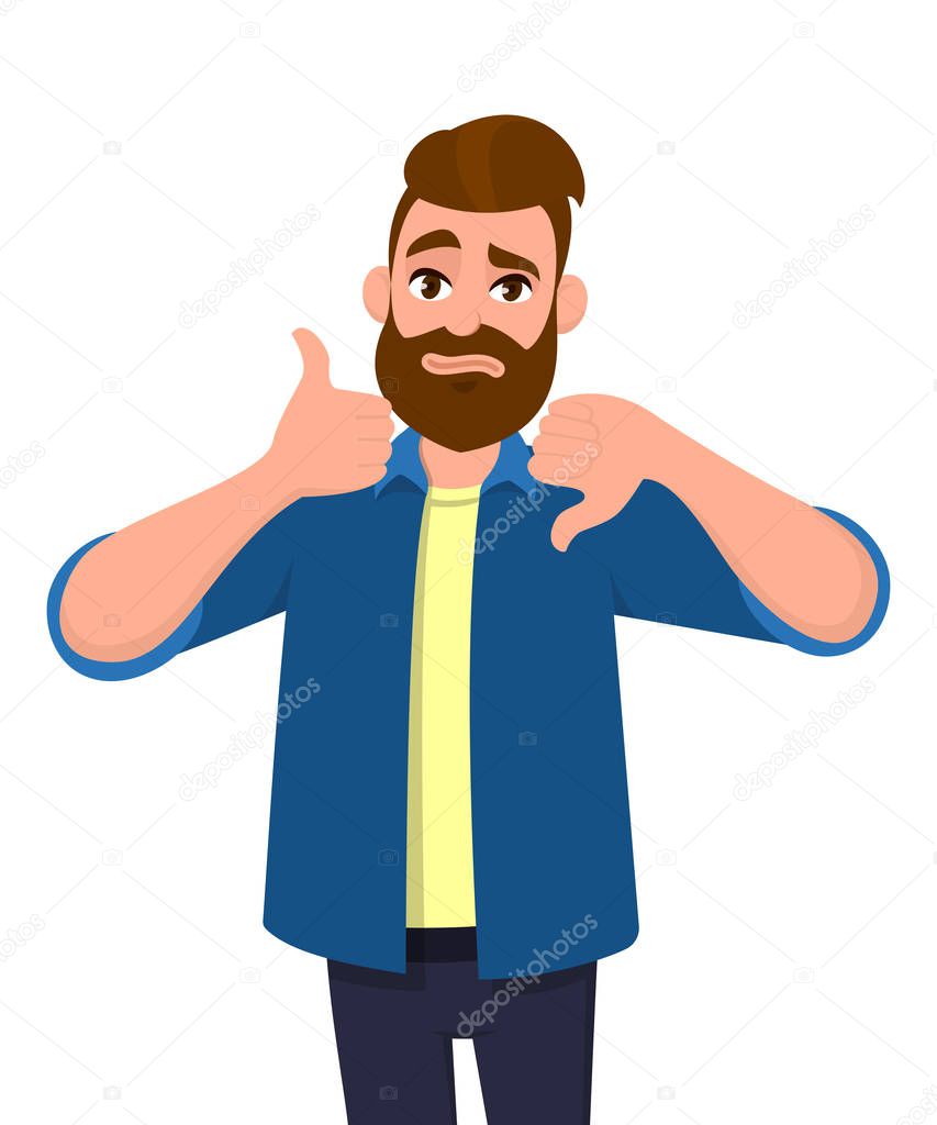 Bearded man showing thumbs up and thumbs down gesture or sign. Like and dislike, deal and no deal, agree and disapprove, good and bad, approve and disapprove, positive & negative concept illustration.