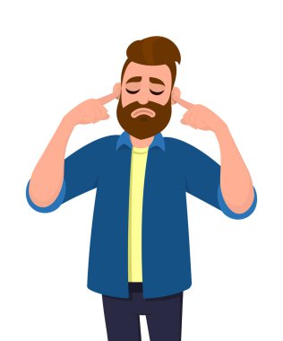 Beyaz arka planda izole ayakta gözleri kapalı iken yüksek bir ses ya da müzik gürültü rahatsız ifade parmaklarıyla kulaklarıyla kapsayan bir adam. Konsept illüstrasyon vektör çizgi film tarzı.