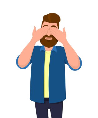 Kaplama/elleriyle gözlerini kapama ve yapma dostum bir hareket görmüyorum. Adam görmek istemiyor. Konsept illüstrasyon vektör karikatür düz tarzı.