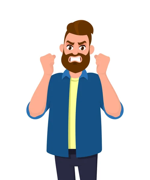 Kızgın adam yumruk ve Not veya ifade çığlık kaldırdı. Adam yüksek sesle ve umutsuzca olumsuz duygular ve hisler, sesler ifade eder. İnsan duygu ve beden dili konsept illüstrasyon karikatür.