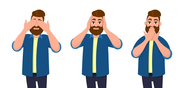 Gözler, kulaklar ve ağız üç bilge maymunlar gibi seyir olarak elle kapsayan bir adam. Görmüyor musun, duymuyorum ve konsept illüstrasyon vektör karikatür tarzı konuşma.