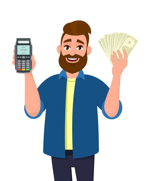 Άνθρωπος Δείχνει Επων Πιστωτικών Χρεωστικών Καρτών Pos Τερματικών Πληρωμής Σάρωση — Διανυσματικό Αρχείο