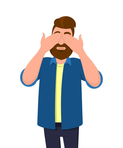 Kaplama/elleriyle gözlerini kapama ve yapma dostum bir hareket görmüyorum. Adam görmek istemiyor. Konsept illüstrasyon vektör karikatür düz tarzı.
