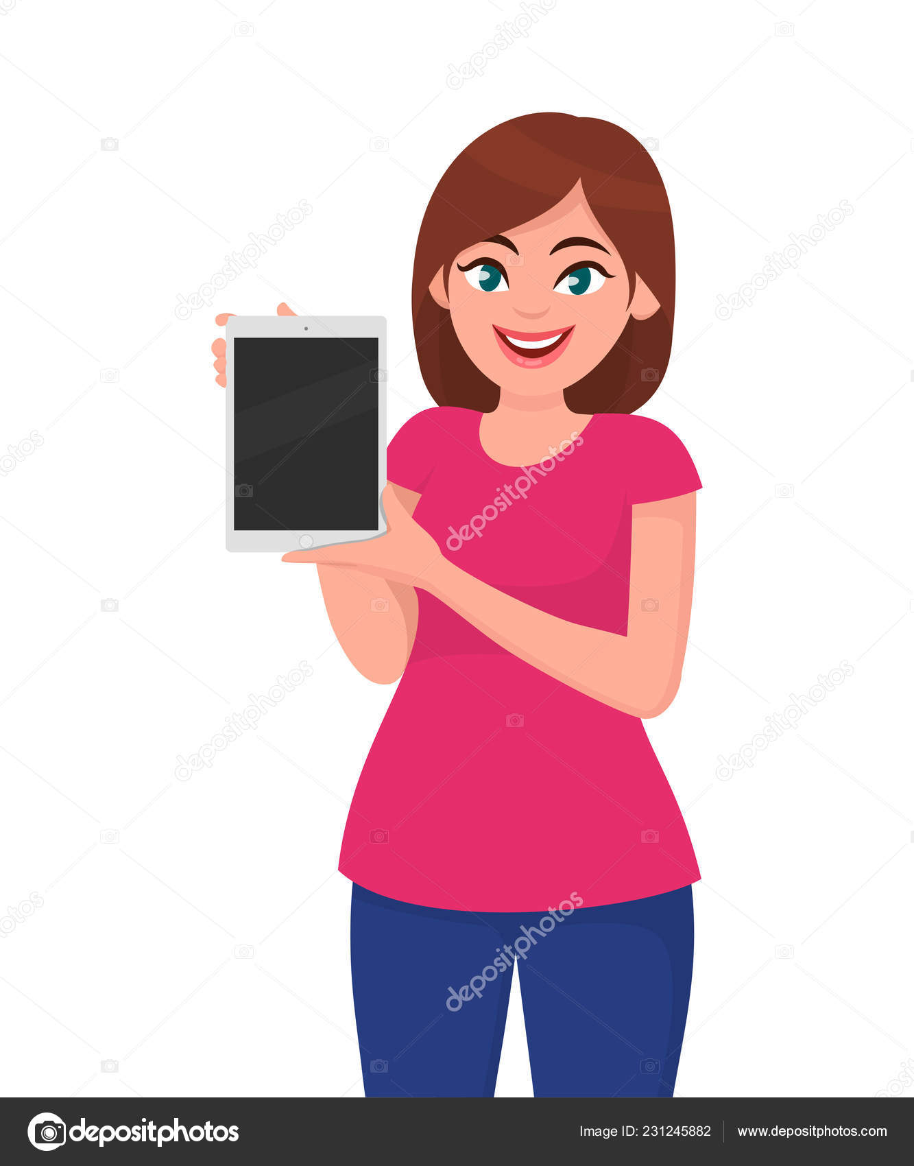 Young Woman Showing Holding Blank Tab Tablet Computer Modern