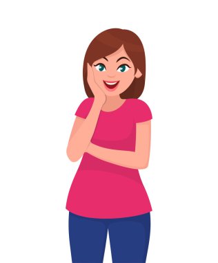 Hayret ya da sürpriz genç ve güzel kadın yüz ifadesi. İnsan duygu ve beden dili konsept illüstrasyon vektör düz stil çizgi film.